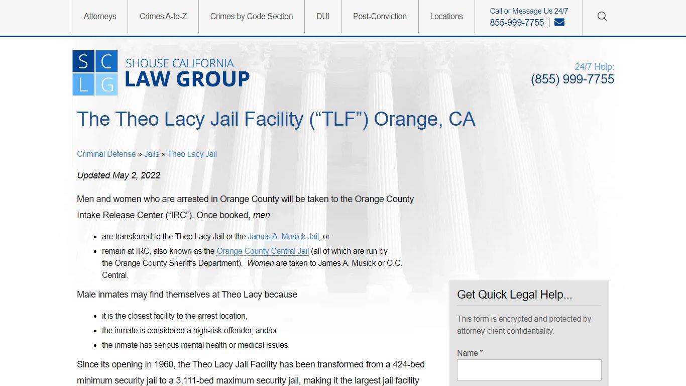 Information For The Theo Lacy Jail Facility In Orange County